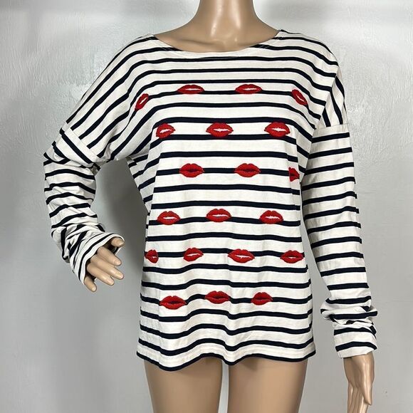J. Crew Cotton Embroidered Lips Striped Long Sleeve Tee Top Size M - Picture 2 of 9